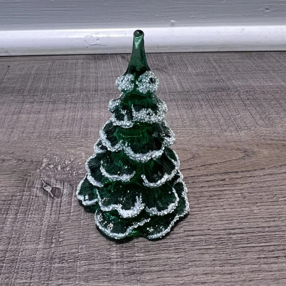 Fenton Art Glass Christmas Tree Figurine Green Frosted Gold Bird Set Of 3 VTG - Picture 10 of 14